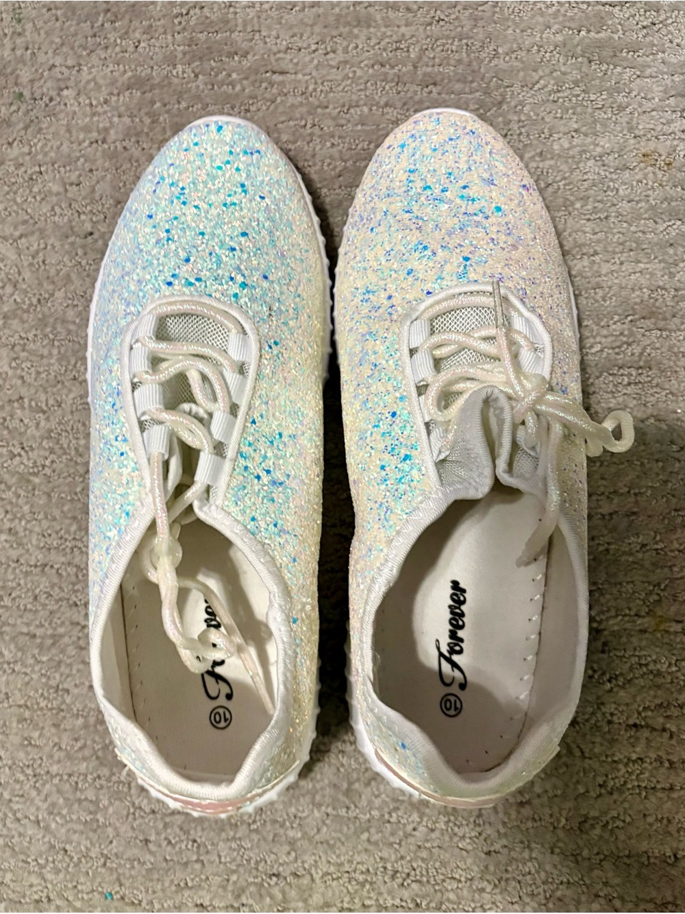 355- size 10 White Iridescent Glitter Sneakers with Blue & Pink Sparkle